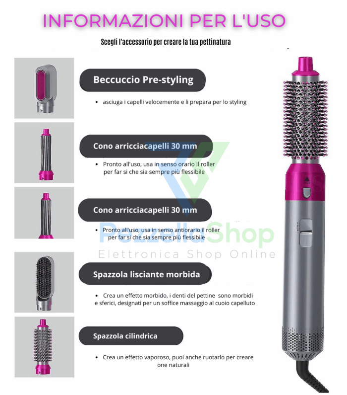 Spazzola Phon 5 in 1 Hair Styler Capelli mossi, lisci ricci