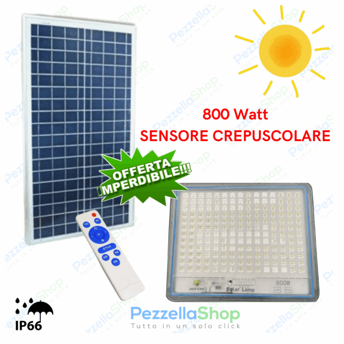 Faro Led 800W Slim Con Pannello Solare Crepuscolare IP66 Impermeabile