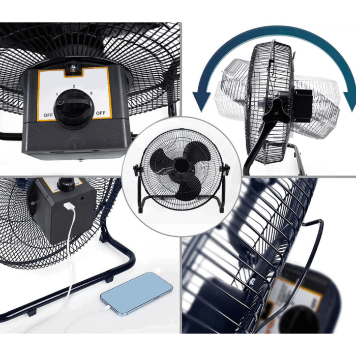 Ventilatore Portatile Solare Da Tavolo o Pavimento 12" Silenzioso Nero