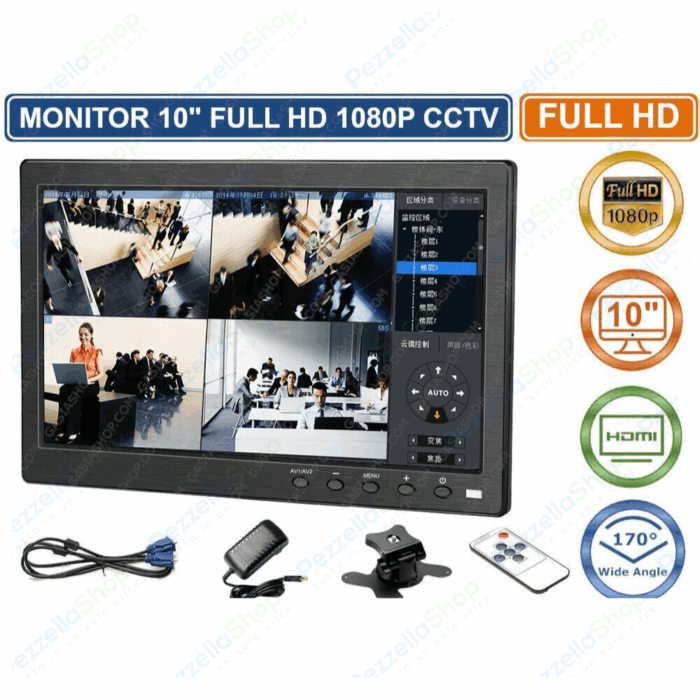 Monitor HMDI Led 10.1" Pollici Con Telecomando 2 Ingressi Video Per Videosorveglianza