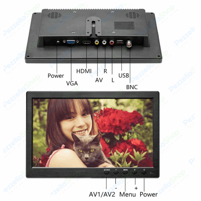 Monitor HMDI Led 10.1" Pollici Con Telecomando 2 Ingressi Video Per Videosorveglianza
