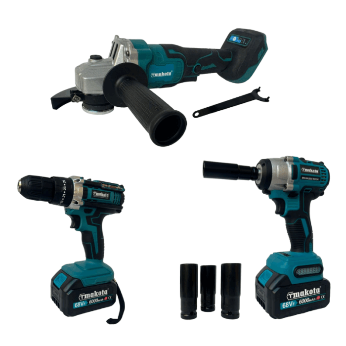 Kit 4 in 1 Trapano, Avvitatore ad Impulsi, Smerigliatrice Angolare, Torcia da Lavoro | Doppia Batteria 68V