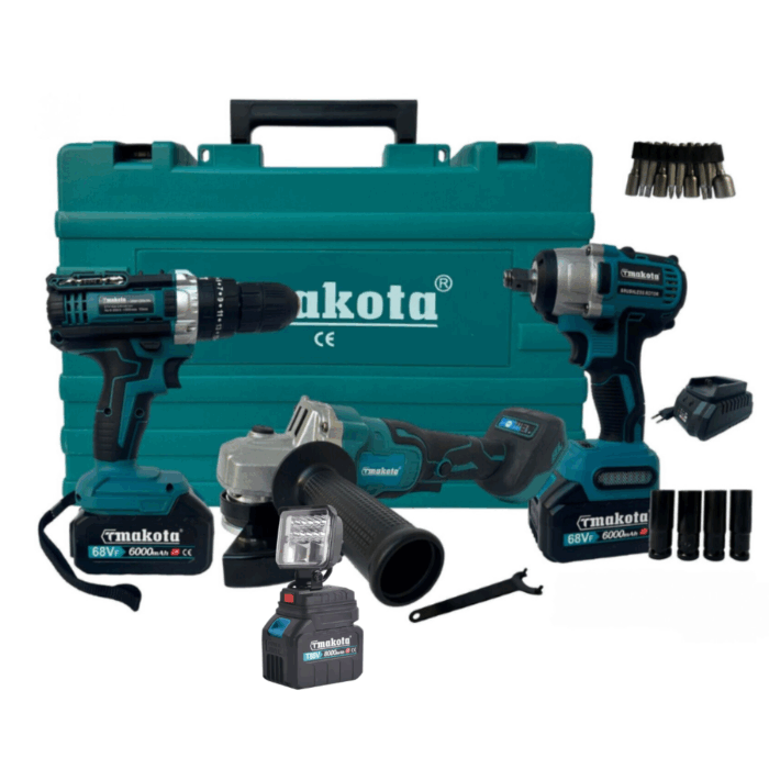 Kit 4 in 1 Trapano, Avvitatore ad Impulsi, Smerigliatrice Angolare, Torcia da Lavoro | Doppia Batteria 68V