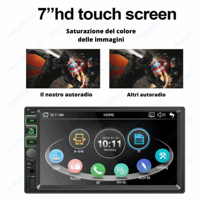 Autoradio 2 Din 7 Pollici Mirror Link Bluetooth Touchscreen USB MP5 Auto