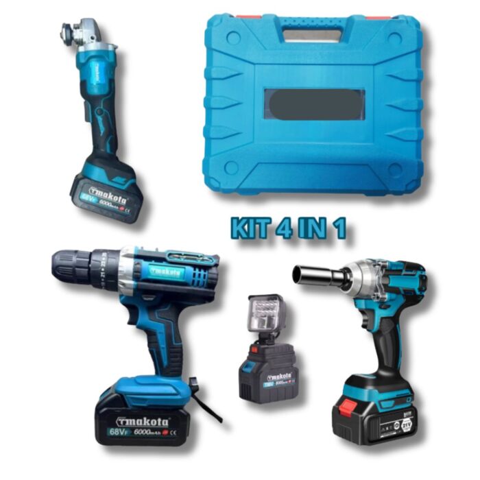 Kit 4 in 1 Trapano, Avvitatore ad Impulsi, Smerigliatrice Angolare, Torcia da Lavoro | Doppia Batteria 68V