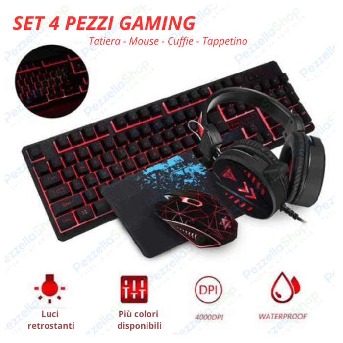 Set 4 Pezzi Gaming Tastiera Retroilluminata, Mouse, Tappetino Antiscivolo, Cuffie Speaker