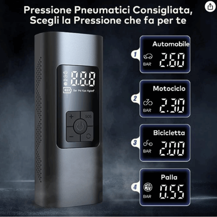 Mini Compressore Aria Portatile Batteria 6000mAH | Gonfiatore Ruote Torcia per Auto Bicicletta Bici Moto Monopattino Palloni