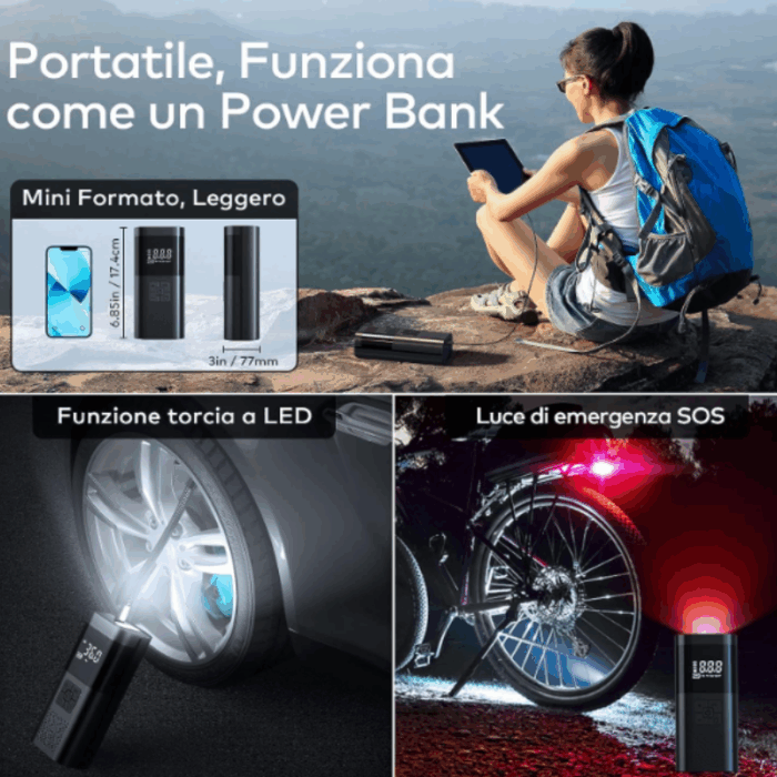Mini Compressore Aria Portatile Batteria 6000mAH | Gonfiatore Ruote Torcia per Auto Bicicletta Bici Moto Monopattino Palloni