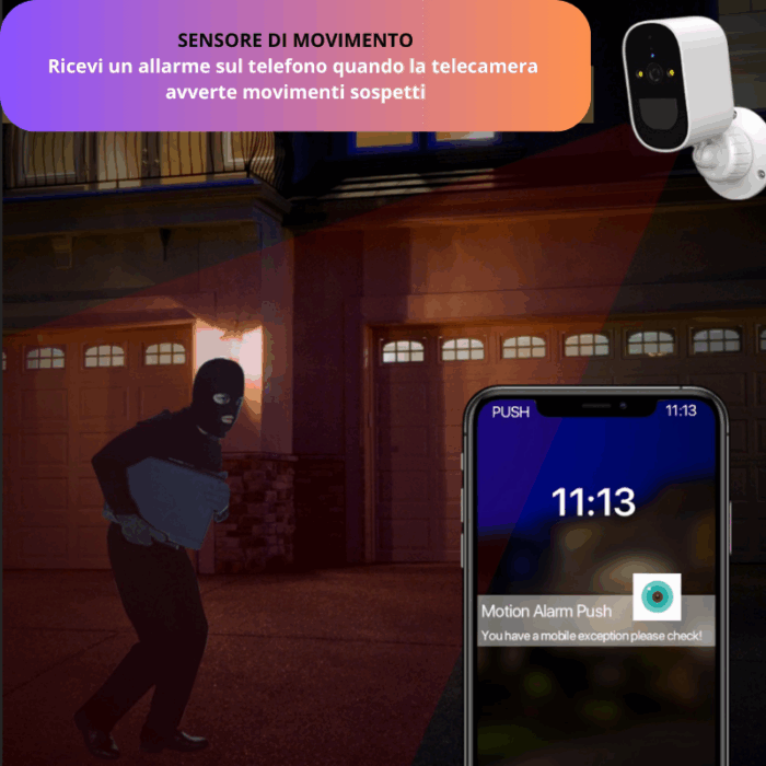 Telecamera Videosorveglianza Alimentata a Batteria IP66 Wi-Fi Infrarossi HD Sensore di Movimento