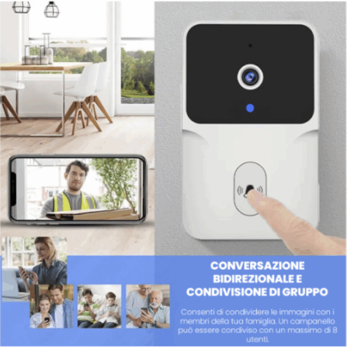 Campanello con Videocamera, Wireless, App sul Cellulare, Wi-Fi Bluetooth, Videosorveglianza, Audio Bidirezionale, Porta, Casa, Ufficio