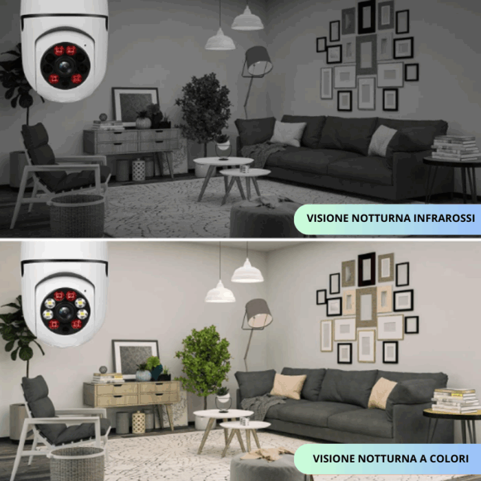 Telecamera Wif-Fi 360° Bulbo Lampadina 1080p Videocamera Visione Notturna a Colori con Applicazione per Cellulare