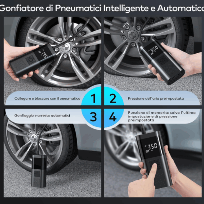 Mini Compressore Aria Portatile Batteria 6000mAH | Gonfiatore Ruote Torcia per Auto Bicicletta Bici Moto Monopattino Palloni