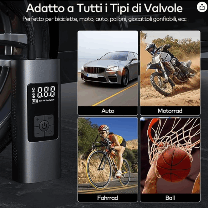 Mini Compressore Aria Portatile Batteria 6000mAH | Gonfiatore Ruote Torcia per Auto Bicicletta Bici Moto Monopattino Palloni