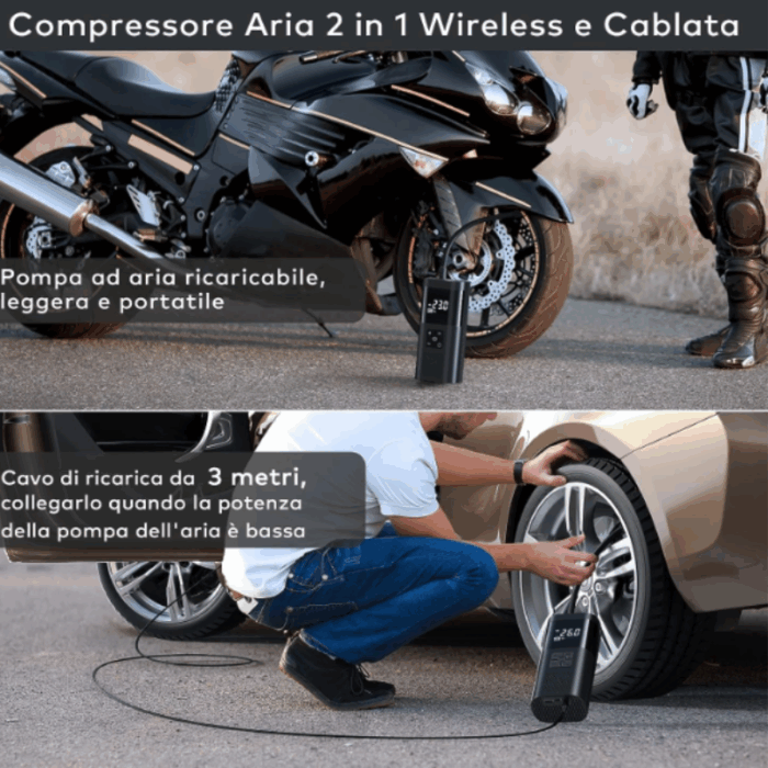 Mini Compressore Aria Portatile Batteria 6000mAH | Gonfiatore Ruote Torcia per Auto Bicicletta Bici Moto Monopattino Palloni