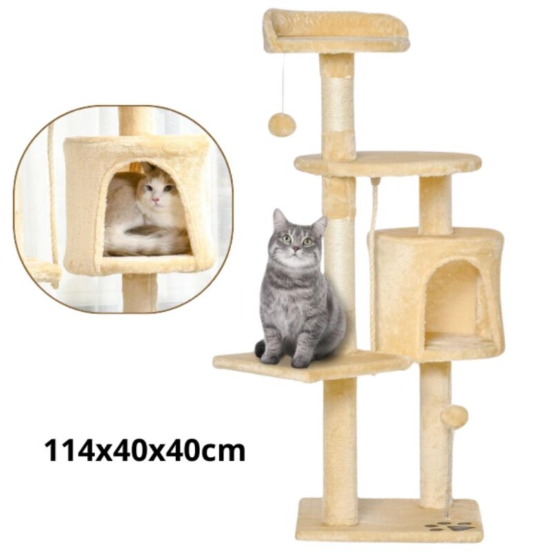 Albero Tiragraffi 114x40x40cm Cuccia Morbida Gatti 4 Livelli Sisal con Palline Giocattolo
