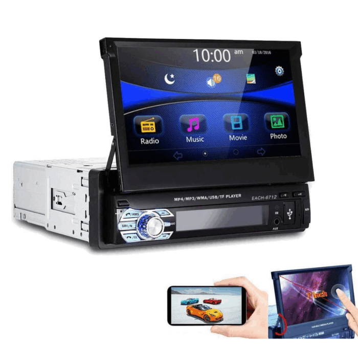 Autoradio 7 Pollici a Scomparsa, Schermo Retrattile, Bluetooth, USB con Telecomando