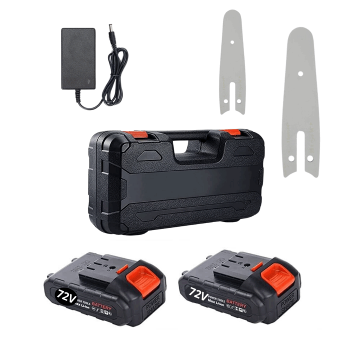 Kit 2 Motoseghe 8" con Oliatore + 4" Doppia Batteria 72V, Caricabatterie e Valigetta