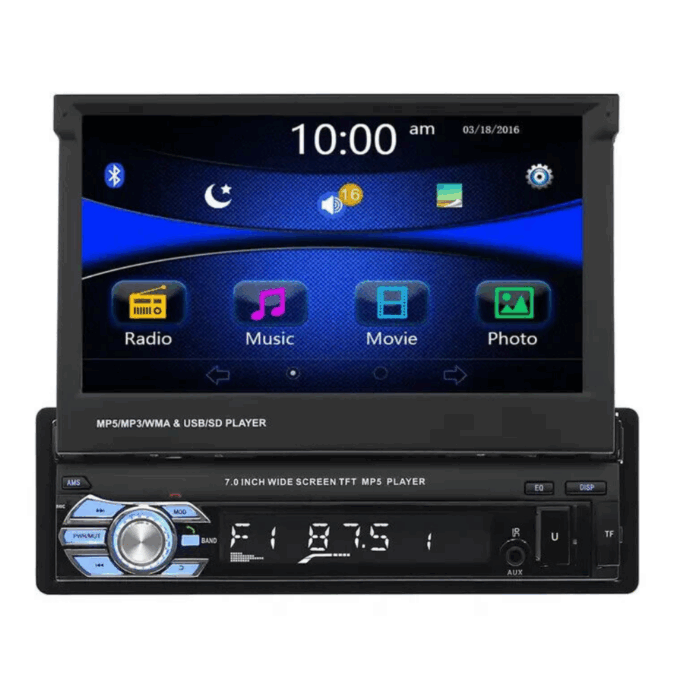Autoradio 7 Pollici a Scomparsa, Schermo Retrattile, Bluetooth, USB con Telecomando