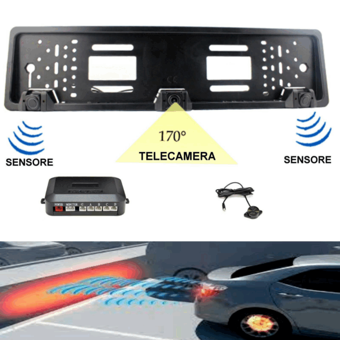 Porta Targa EU con Telecamera Posteriore HD e Sensori di Parcheggio | Visione Notturna e Impermeabile IP68