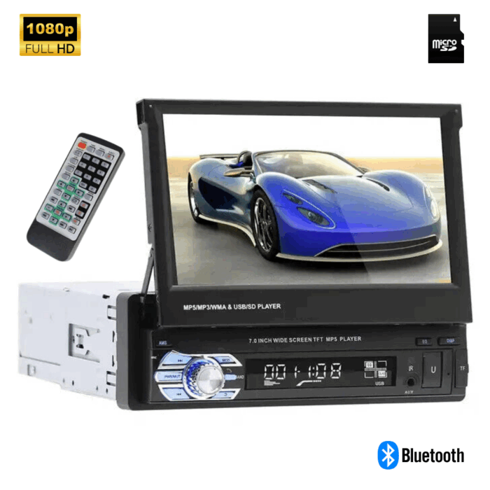 Autoradio 7 Pollici a Scomparsa, Schermo Retrattile, Bluetooth, USB con Telecomando