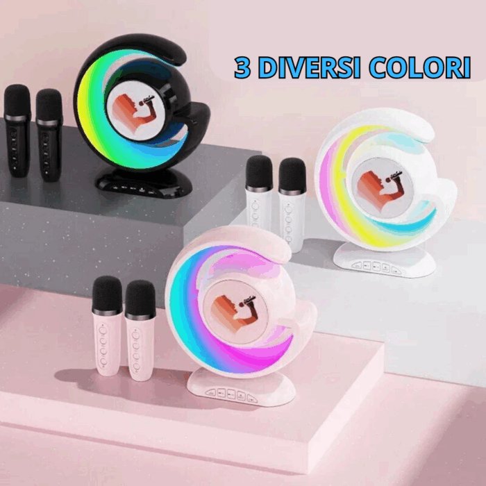 Mini Cassa Karaoke 2 Microfoni Bluetooth Wireless Altoparlante Luci Colorate Portatile