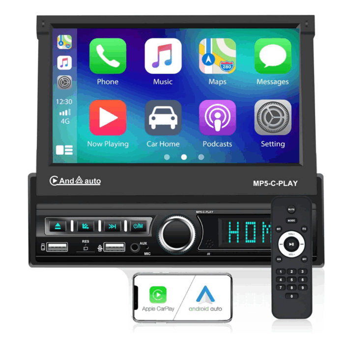 Autoradio 7 Pollici Stereo a Scomparsa 1 Din Pannello Rimovibile Android Apple Carplay Bluetooth Radio Mirror Link USB