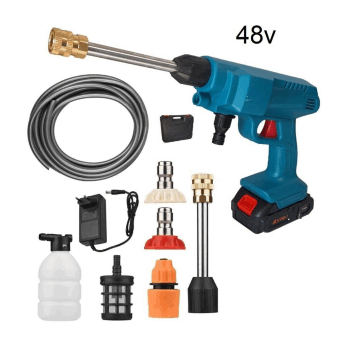 Kit 4 Pz Compressore, Idropulitrice, Soffiatore, Torcia Emergenza a Doppia Batteria 48V