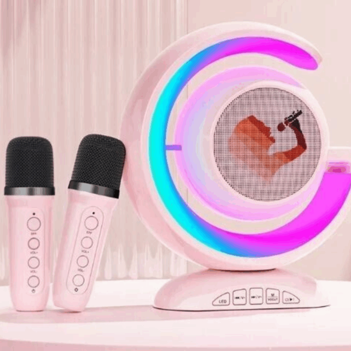 Mini Cassa Karaoke 2 Microfoni Bluetooth Wireless Altoparlante Luci Colorate Portatile
