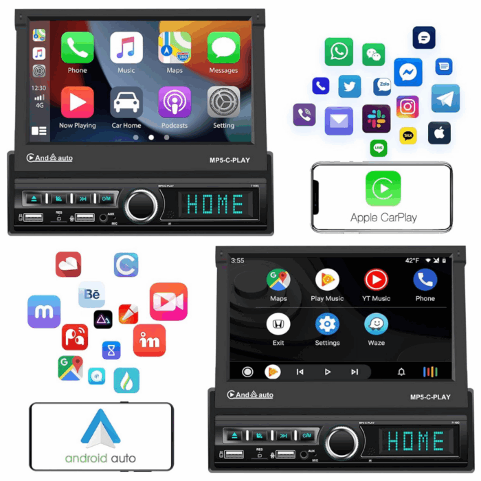 Autoradio 7 Pollici Stereo a Scomparsa 1 Din Pannello Rimovibile Android Apple Carplay Bluetooth Radio Mirror Link USB