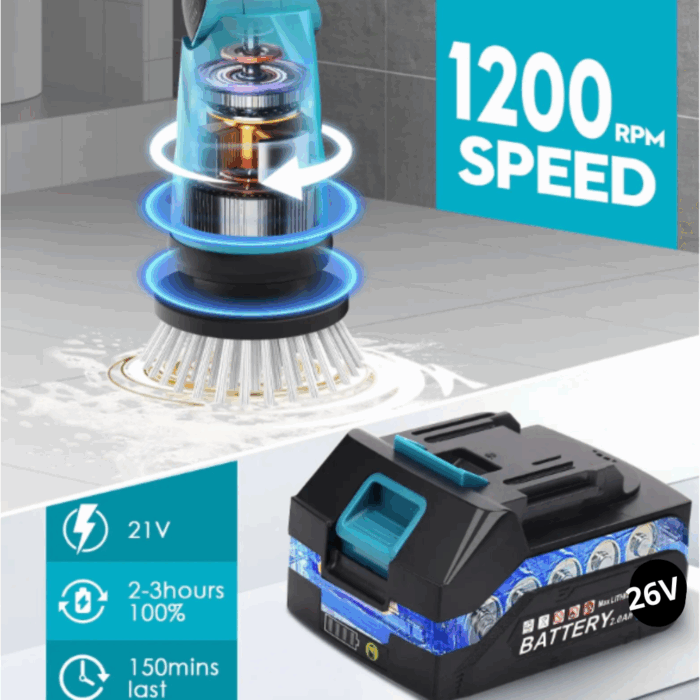 Spazzola Rotante 4 in 1 Scrubber a Batteria 26V Diverse Altezze per Pulizia Profonda Pavimenti, Pareti