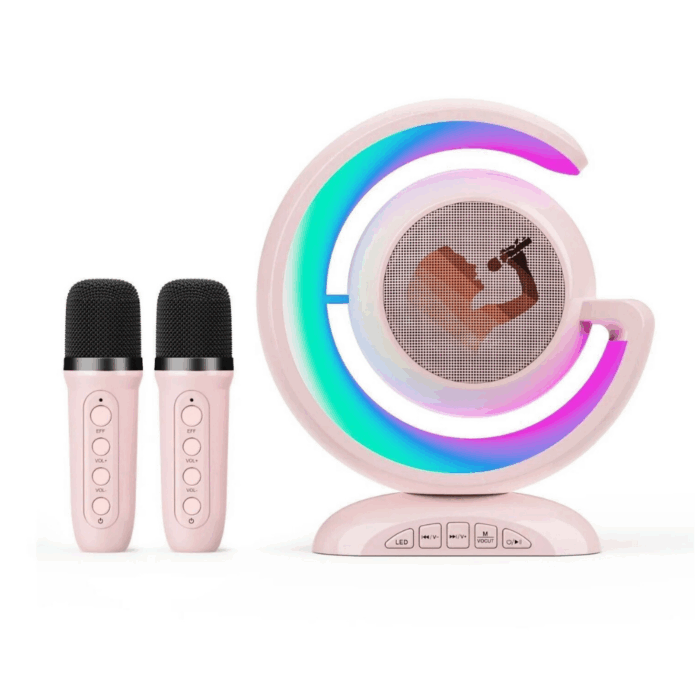 Mini Cassa Karaoke 2 Microfoni Bluetooth Wireless Altoparlante Luci Colorate Portatile