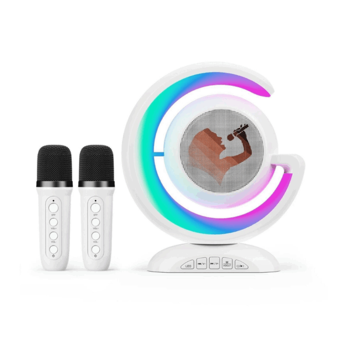 Mini Cassa Karaoke 2 Microfoni Bluetooth Wireless Altoparlante Luci Colorate Portatile