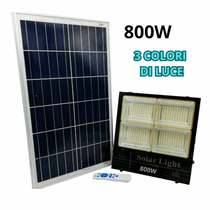 Faro Solare 800W Crepuscolare IP65 Luce bianca, Naturale, Calda per Esterni con Telecomando