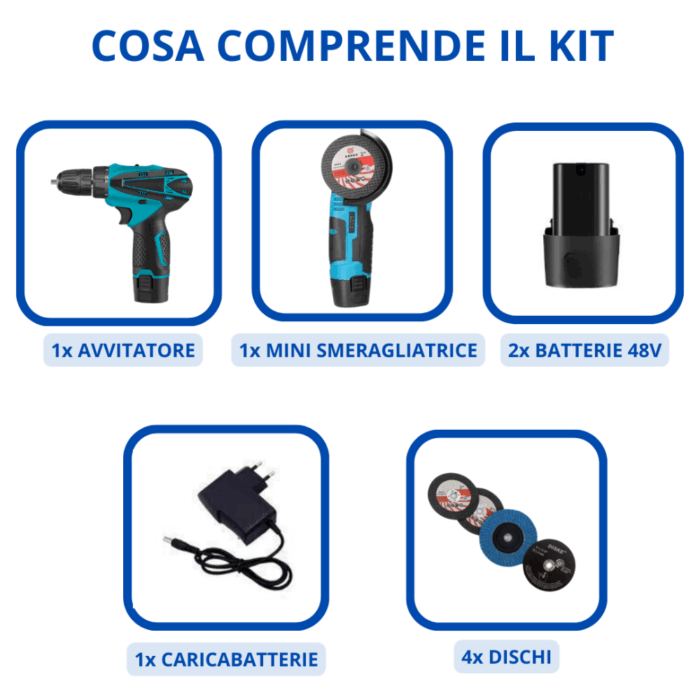 Kit Trapano Avvitatore + Smerigliatrice Flex con 2 Batterie 48V 2AH 4 Dischi 76mm