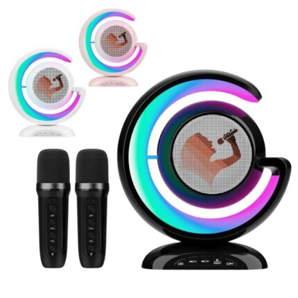 Mini Cassa Karaoke 2 Microfoni Bluetooth Wireless Altoparlante Luci Colorate Portatile