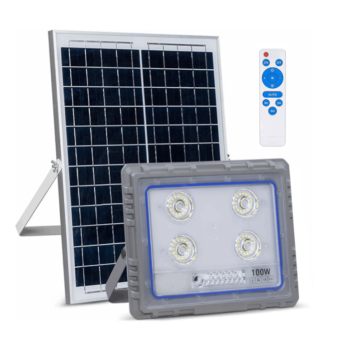 Faro Solare 100W Slim Sensore Crepuscolare IP66 per Esterni con Telecomando