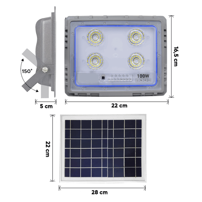 Faro Solare 100W Slim Sensore Crepuscolare IP66 per Esterni con Telecomando