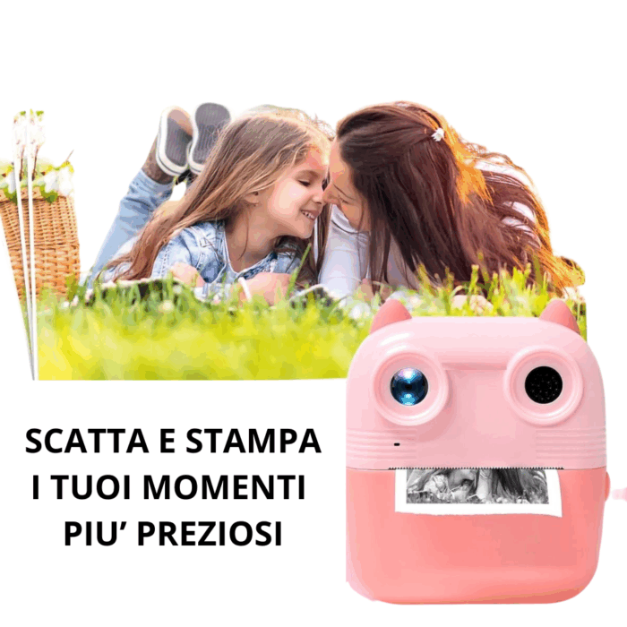 Stampante Istantanea per Bambini Doppia Lente Digitale Bianco e Nero 1080p, Foto, Video, Giochi