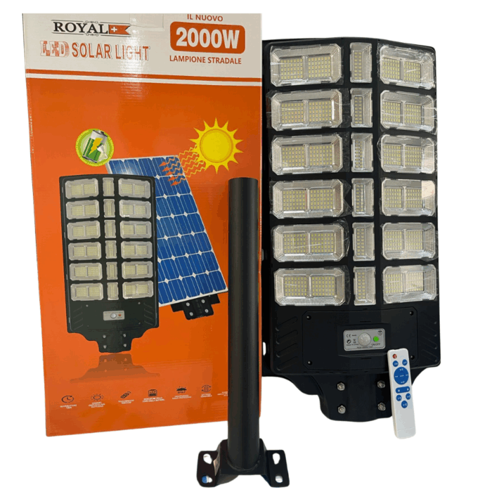 Lampione Solare 2000W Crepuscolare | IP67 Impermeabile, Luce Bianca + Staffa Gratis