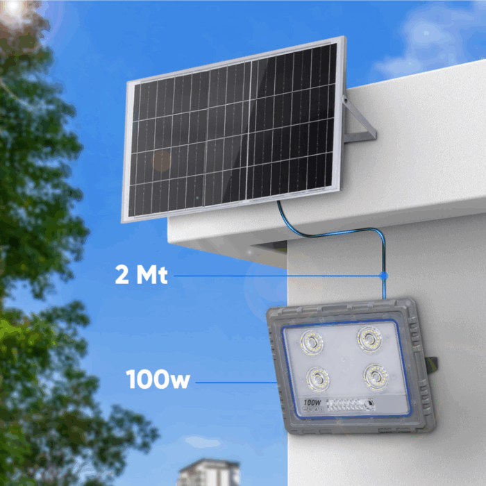 Faro Solare 100W Slim Sensore Crepuscolare IP66 per Esterni con Telecomando