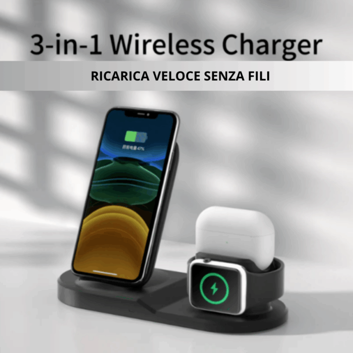 Caricabatterie Veloce 3 in 1 Wireless | Carica Smartphone, Auricolari e Smartwatch Senza Fili e in Mobilità
