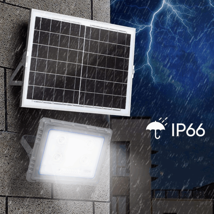 Faro Solare 100W Slim Sensore Crepuscolare IP66 per Esterni con Telecomando