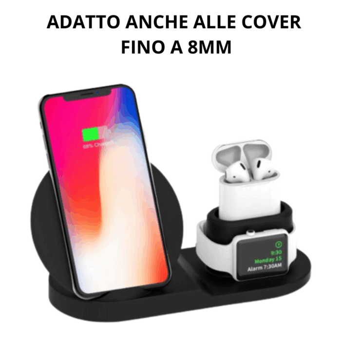 Caricabatterie Veloce 3 in 1 Wireless | Carica Smartphone, Auricolari e Smartwatch Senza Fili e in Mobilità