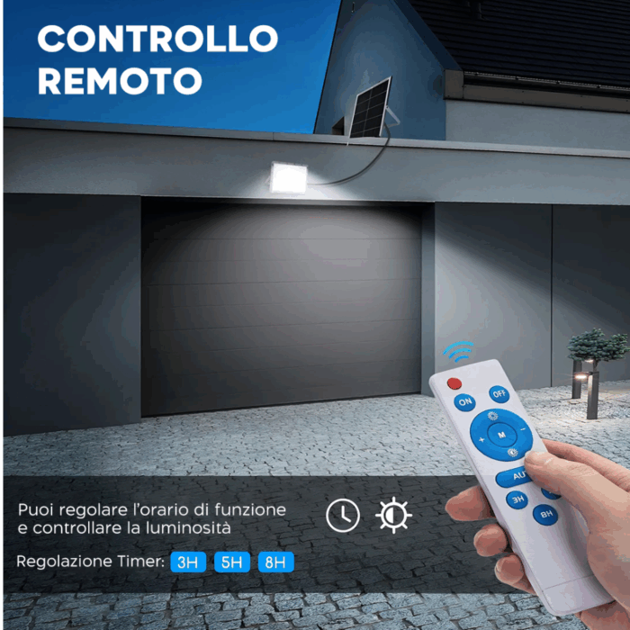 Faro Solare 100W Slim Sensore Crepuscolare IP66 per Esterni con Telecomando