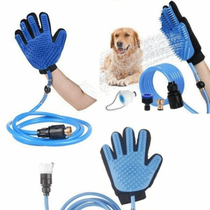 Guanto Massaggiante con Filo Doccia 2 in 1, Tubo Integrato, Aggancio Universale per Animali Domestici
