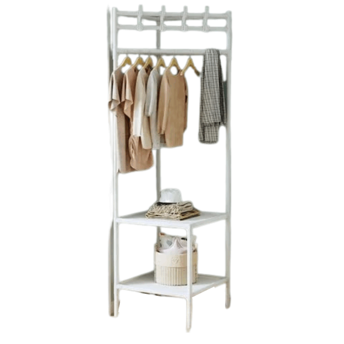 Scaffale Mobile Angolare con 2 Ripiani e Appendiabiti, in Ferro per Abiti, Borse, Cappelli, Sciarpe