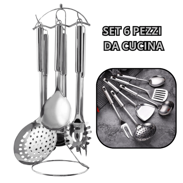 Set 6 Pezzi da Cucina Stand in Acciaio Inox Mensili Utensili per la Casa