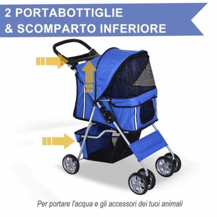 Passeggino Pieghevole per Animali con Portaoggetti e Portabottiglie 4 Ruote Cerniere Tessuto Impermeabile