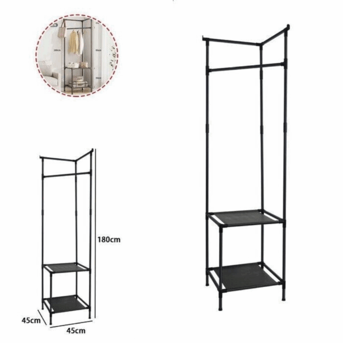 Scaffale Mobile Angolare con 2 Ripiani e Appendiabiti, in Ferro per Abiti, Borse, Cappelli, Sciarpe