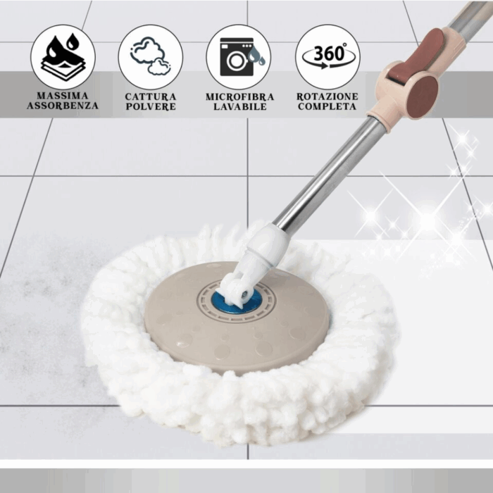 Mocio Mop con Cestello Rotante e Strizzante – Secchio Lavapavimenti Automatico con Panno Microfibra